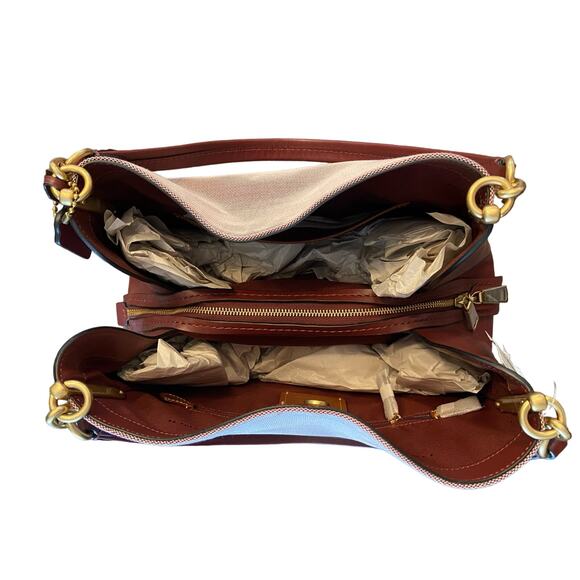 Coach Jacquard Dalton 31 Shoulder Bag Handbag Purse Coach Badge Brass/Wine Multi - Picture 9 of 13